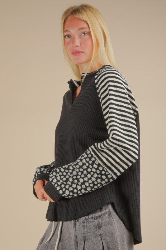 Pumpkin Patch Floral & Stripe Knit Top - Black