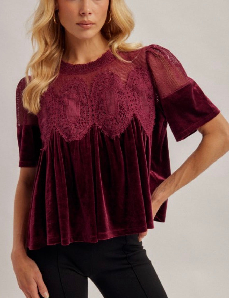 Velvet and Lace Contrast Top