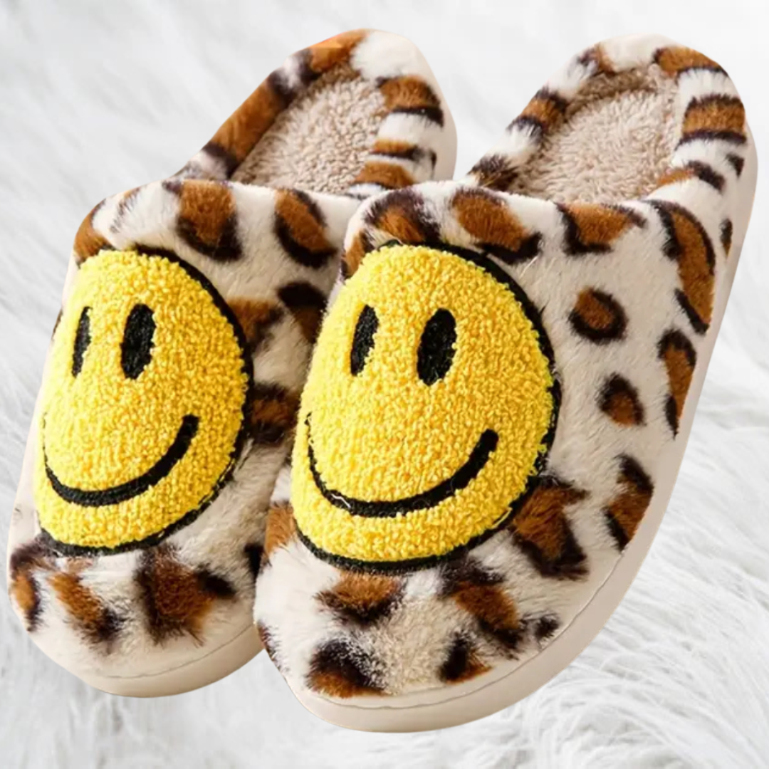 Leopard Print Smiley Slippers - Ivory