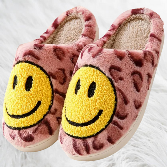 Leopard Print Smiley Slippers - Pink