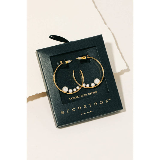 Secret Box Gold Dipped Pearl Charms Hammered Hoop Earrings