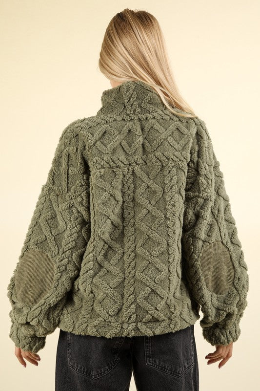 DOORBUSTER DEAL - Fuzzy Feelings Cozy Cable Pattern Fleece Pullover - Sage