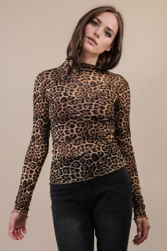 Sweet Side High Neck Floral Mesh Lace Layering Top - Leopard
