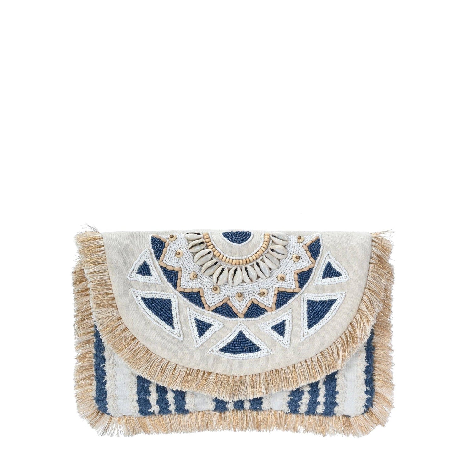Seashore Beaded Fringe Foldover Clutch