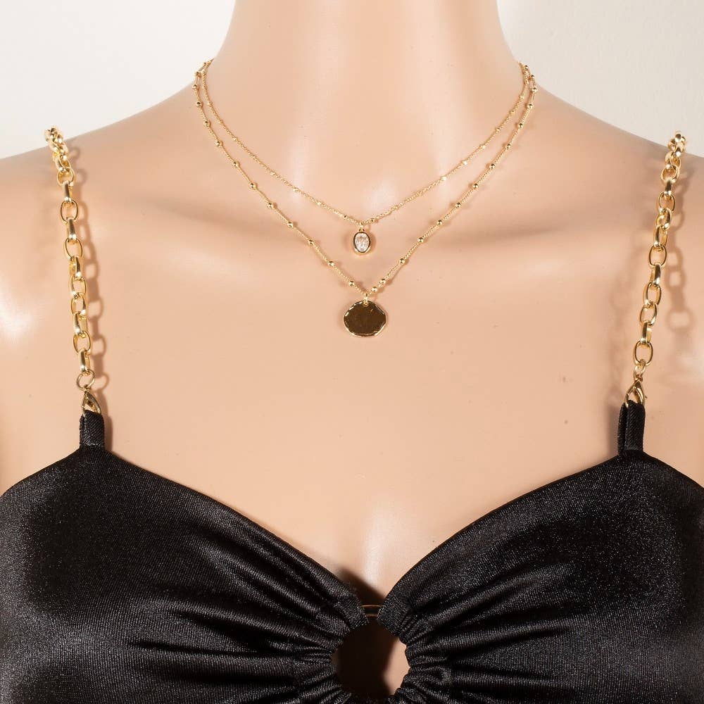 Coin And Oval Cz Charm Layered Chain Necklace