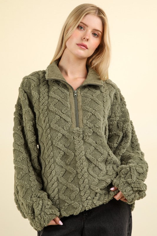 DOORBUSTER DEAL - Fuzzy Feelings Cozy Cable Pattern Fleece Pullover - Sage