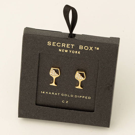 Secret Box Gold Dipped Cz Wine Glass Stud Earrings