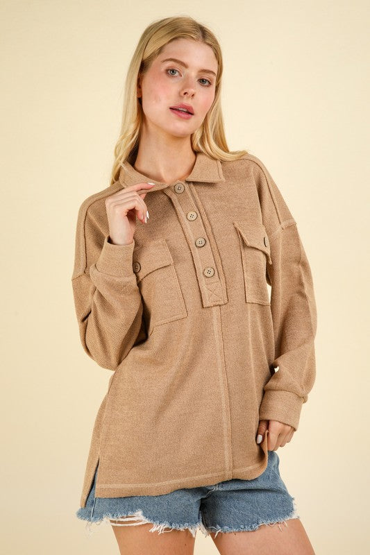 Let It Be Collared Button Down Henley - Taupe