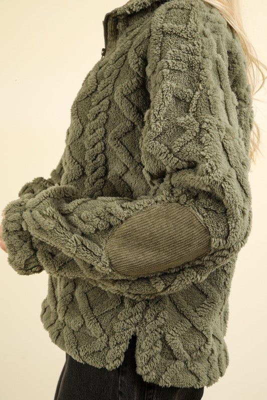 DOORBUSTER DEAL - Fuzzy Feelings Cozy Cable Pattern Fleece Pullover - Sage