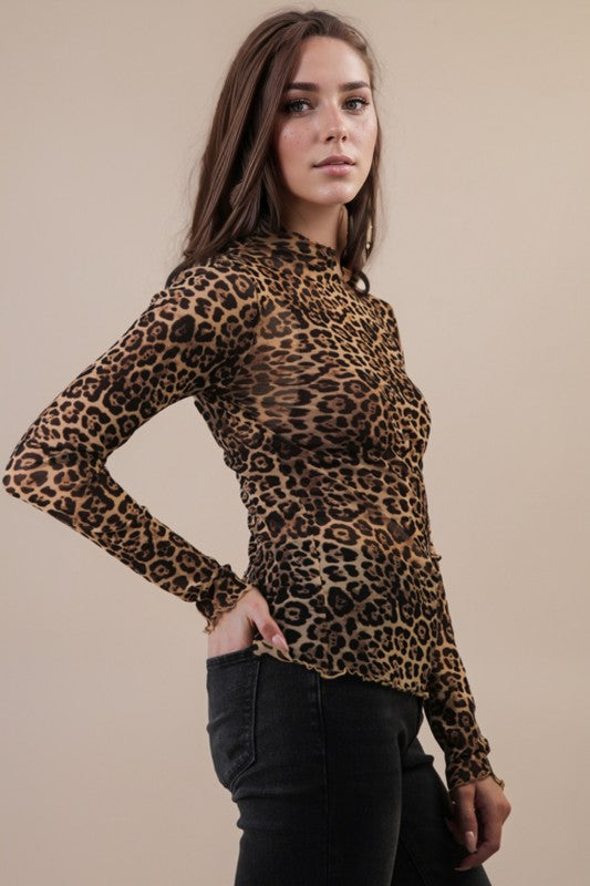 Sweet Side High Neck Floral Mesh Lace Layering Top - Leopard