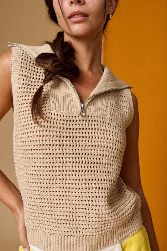 Liz Kint Zip Collar Sleeveless Sweater Top