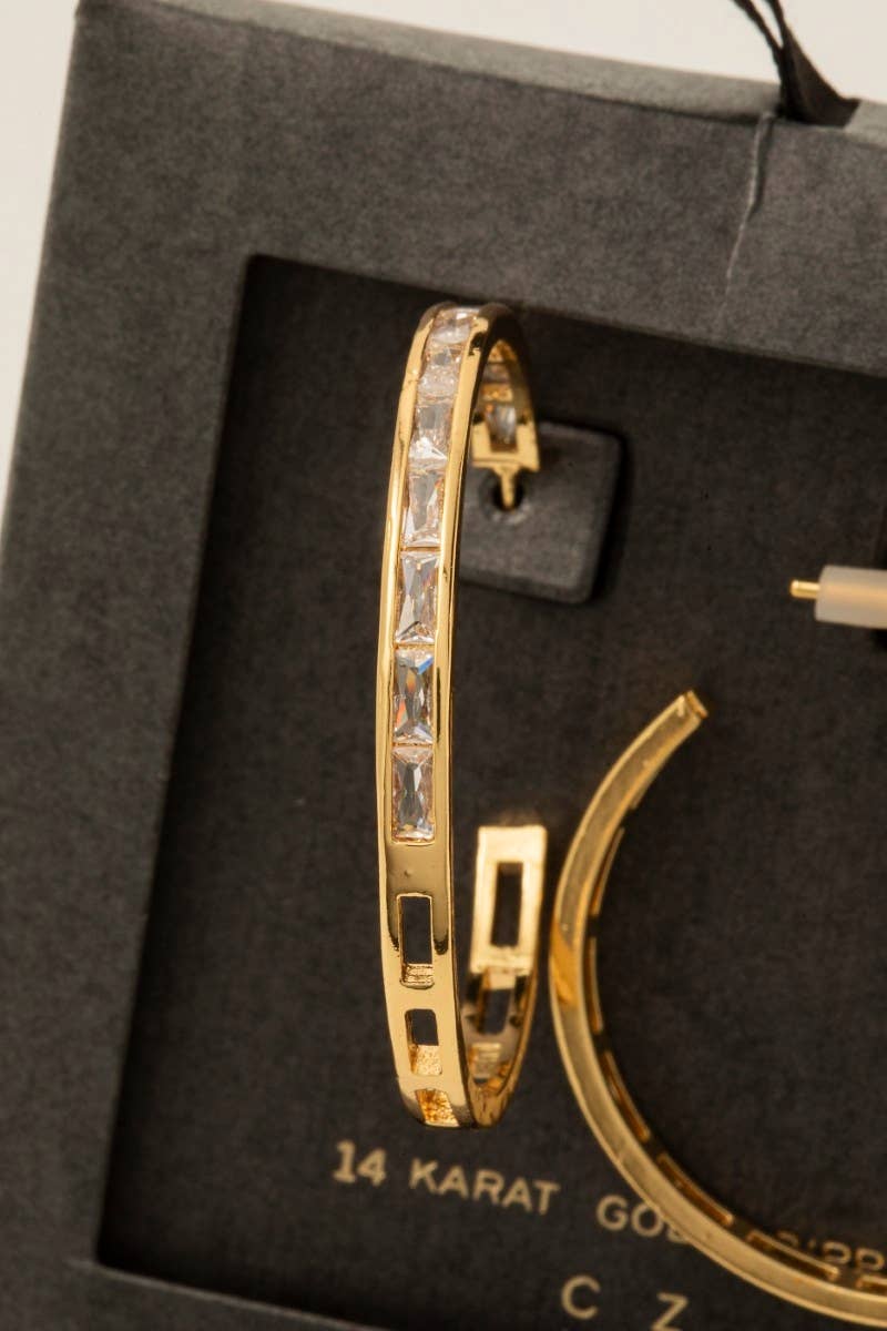 Secret Box Gold Dipped Cz Baguette Pave Hoop Earrings