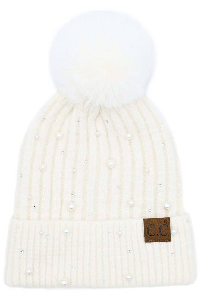C.C Pearl Embellishments Pom Beanie - 4 Colors