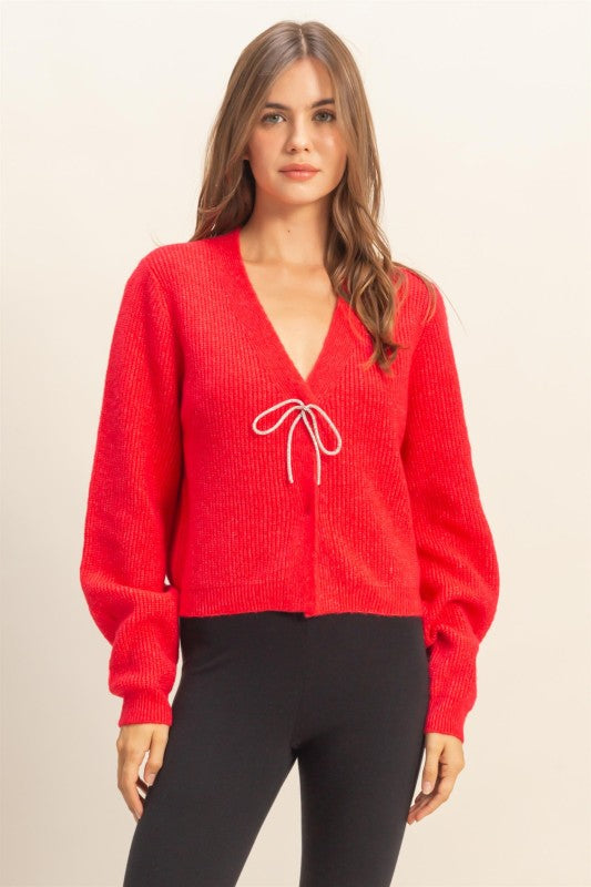 Glimmer Bow Cardigan - Red
